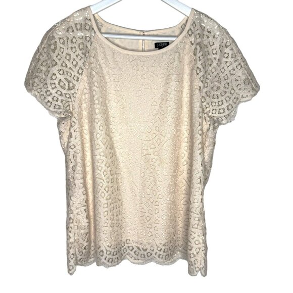 J. Crew Ivory Lace Overlay Short Sleeve Blouse, Career, Layering, Size 8 - Picture 1 of 7